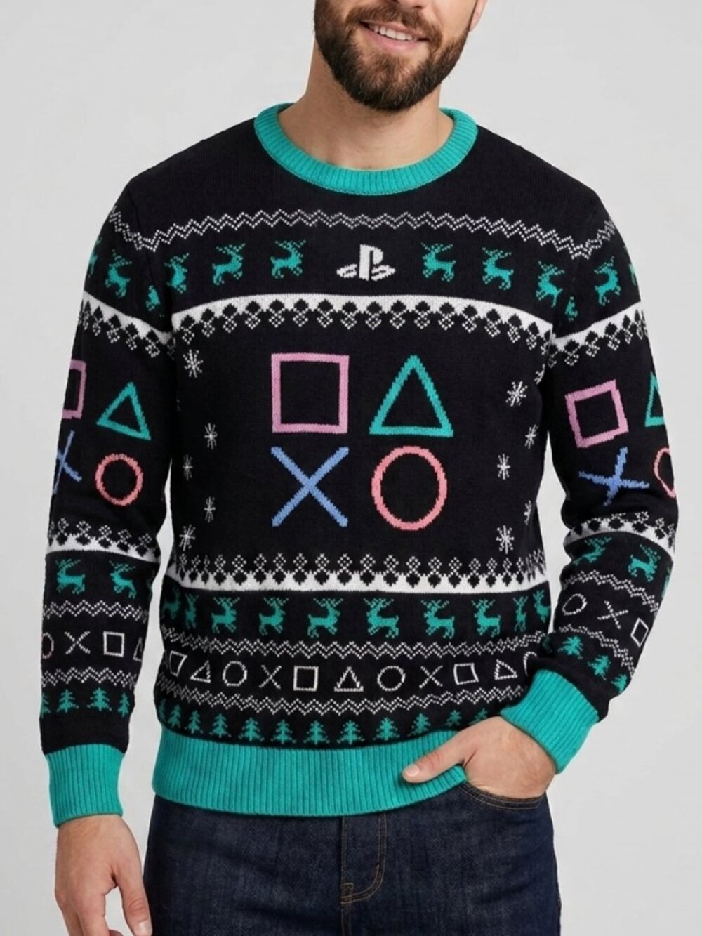 Playstation Christmas ugly sweater Sony reindeer snowflakes tree PS5 holiday XL